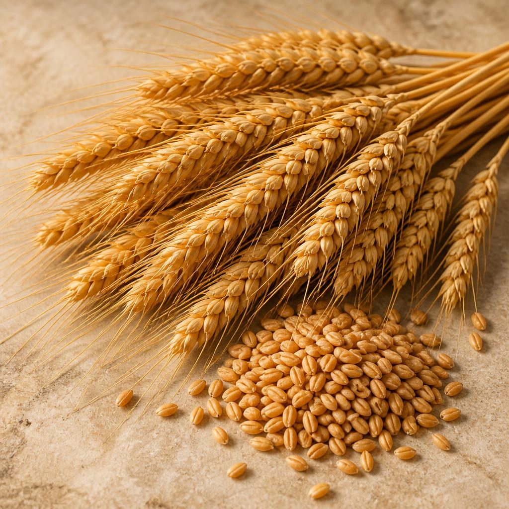Golden wheat heads and kernels