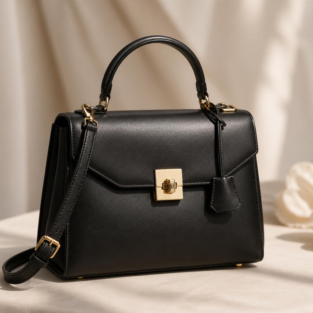 Black leather ladies handbag with gold-tone hardware