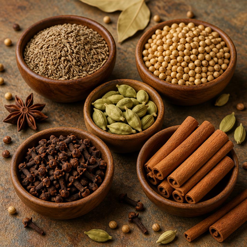 Whole Indian spices in wooden bowls